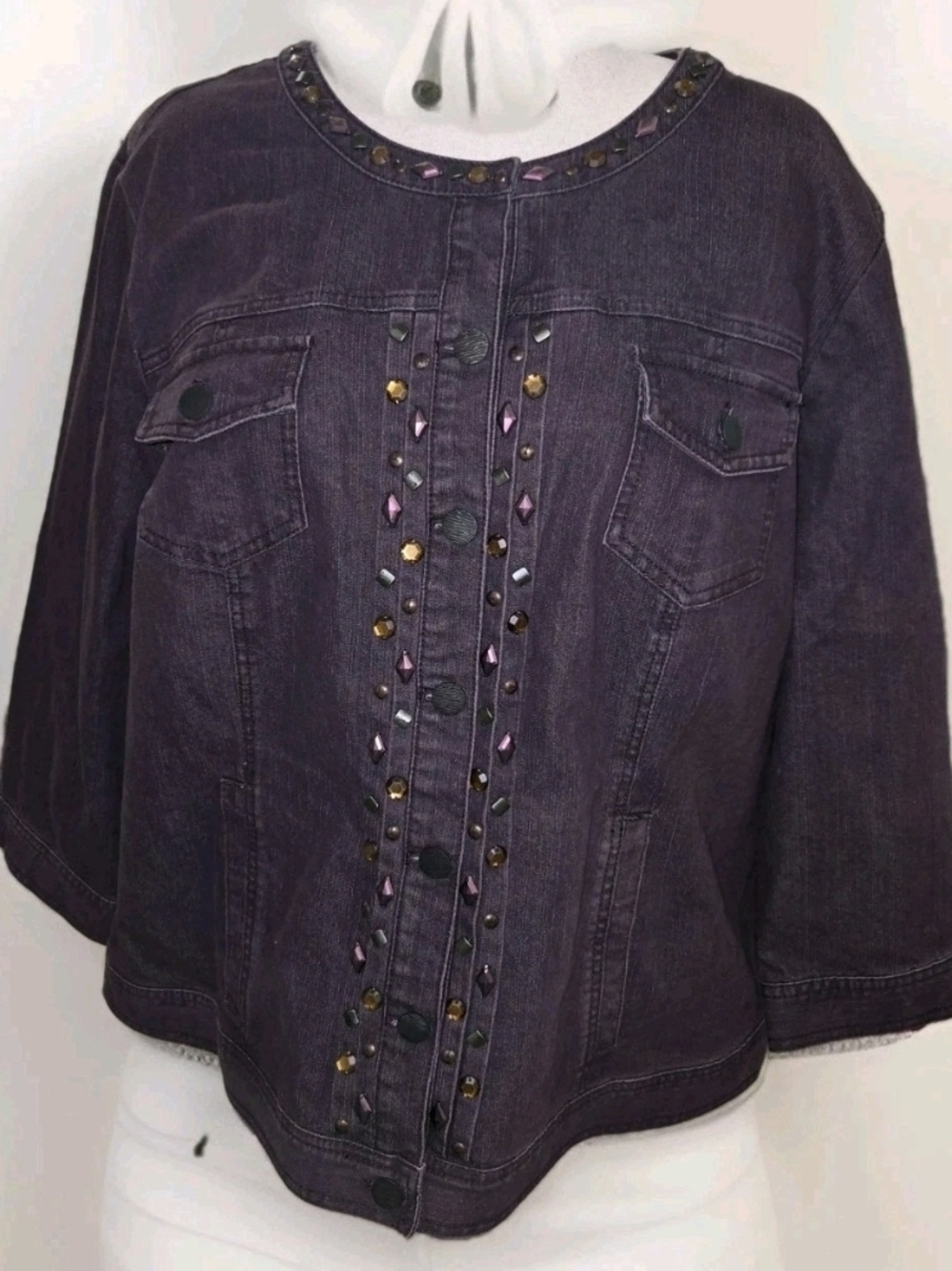 Ruby Rd Womens 24W Embellished Denim Jacket Purple Studded‎ Stretch